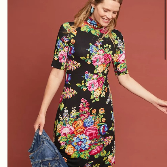 Anthropologie  Coreyell Turtleneck Dress Black Floral XS (runs large) - Picture 1 of 9